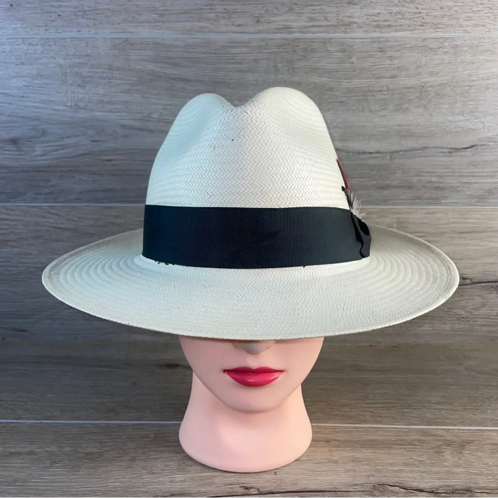 Stetson Natural Straw Feathered Fedora Panama Hat Made In Mexico X-Large EUC! - Picture 4 of 9